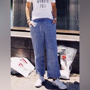 Blue flowy linen pants with faint white stripes, women’s size 4